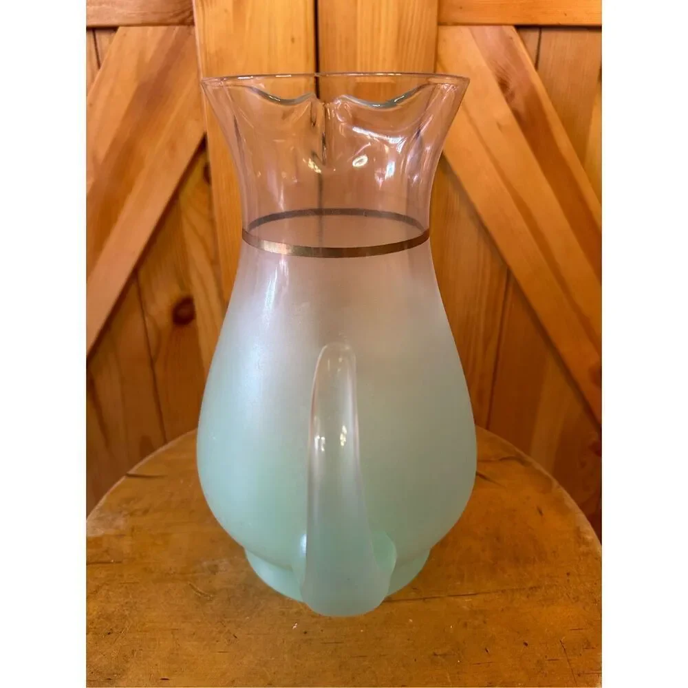 Vtg Blendo Sea Green Frosted Art Glass Pitcher Gold Rim Large MCM Retro Lemonade